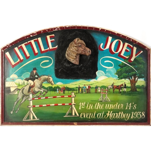 1378 - Equestrian interest painted wood plaque inscribed Little Joey with applied horse head, 91cm x 62cm