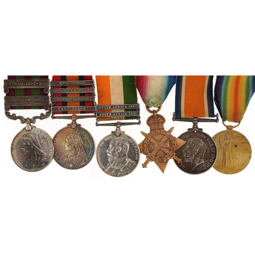 Victorian and later British military six medal group comprising India 1895 medal awarded to 3583PTE.H.WOOD.2/R.S.REGT with Tirah 1897-98 and Punjab Frontier 1897-98 bars, Queen's South Africa medal awarded to 3583PTEH.WOOD.1/R.S.R., with Wittebergen, Diamond Hill, Johannesburg and Cape Colony bars, King's South Africa medal awarded to 3583PTE.H.WOOD.1/R.SREGT with South Africa 1901 and 1902 bars and World War I trio awarded to SS-14642PTE.H.WOOD.A.S.C.