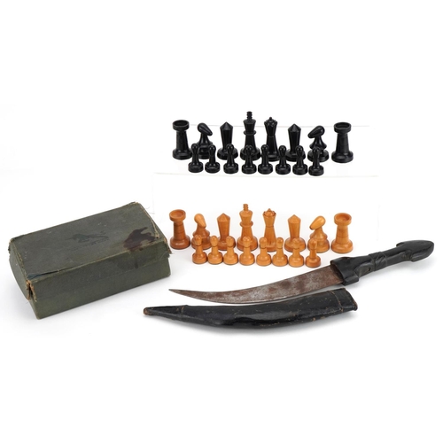 1381 - Hardwood chess set and a horn handled knife with steel blade and sheath