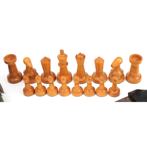 1381 - Hardwood chess set and a horn handled knife with steel blade and sheath