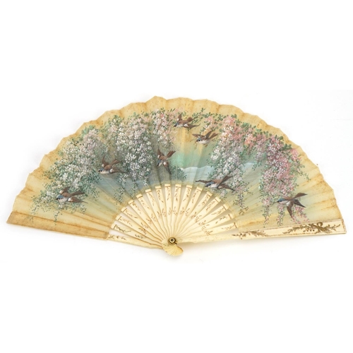 192 - 19th century bone and lace brisee fan hand painted with birds in flight over water, 34.5cm wide when... 