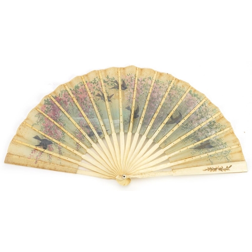 192 - 19th century bone and lace brisee fan hand painted with birds in flight over water, 34.5cm wide when... 