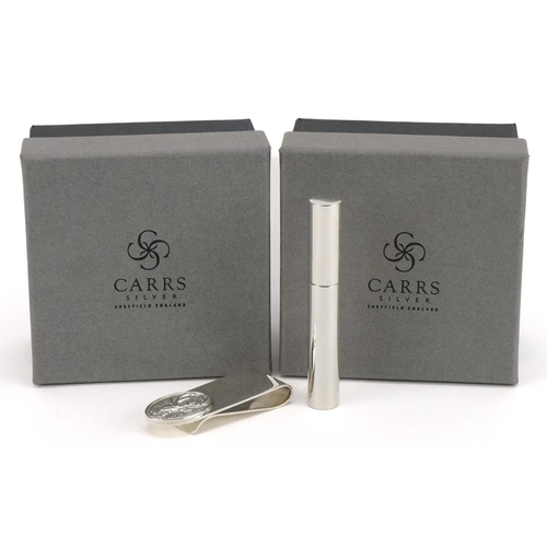 424 - Carrs, silver stag head money clip and toothpick case with boxes, the largest 7.5cm in length, total... 