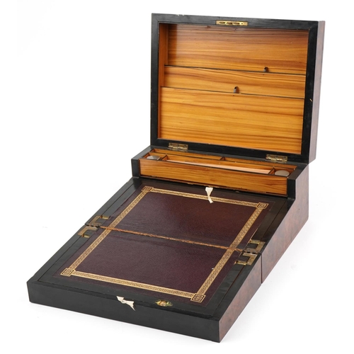 132 - Victorian inlaid ebony and burr wood writing slope workbox with tooled leather insert and letter rac... 