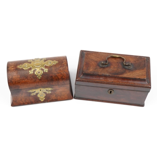 133 - Two 19th century tea caddies including a burr walnut example with applied brass mounts, the largest ... 