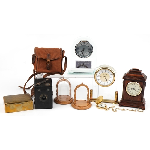 1374 - Sundry items including a motoring interest P6 Rover Owner's club mantle clock, brass cigarette box, ... 