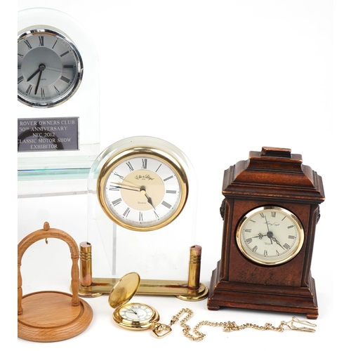 1374 - Sundry items including a motoring interest P6 Rover Owner's club mantle clock, brass cigarette box, ... 