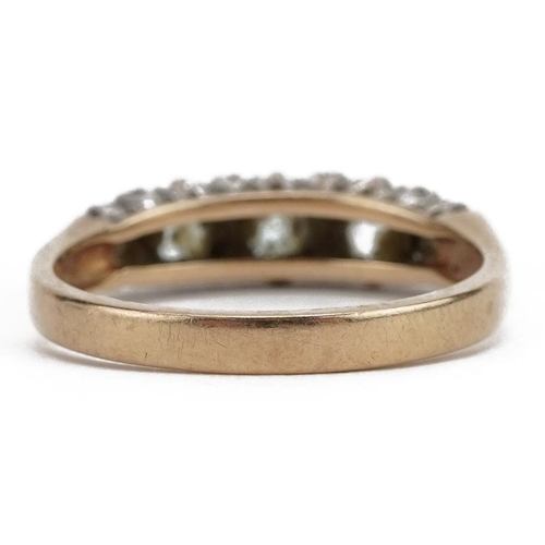 9ct gold graduated aquamarine and diamond ring with scrolled shoulders ...