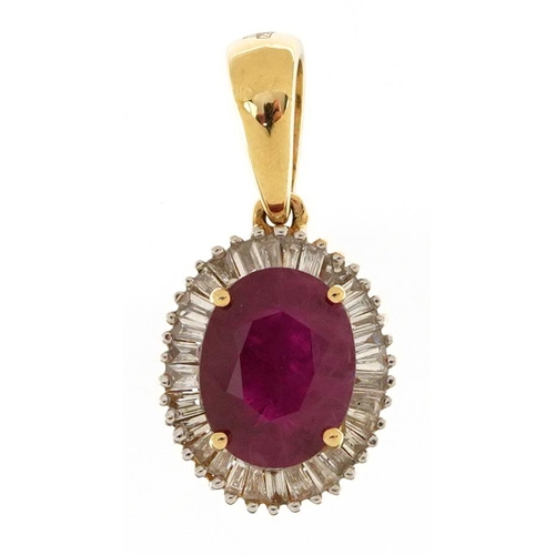 2017 - Ileana Makri, 18k gold ruby and baguette cut diamond two tier cluster pendant, the ruby approximatel... 