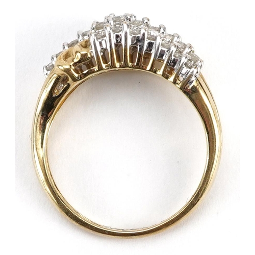 2062 - 9ct gold diamond four row crossover ring, size L, 3.0g