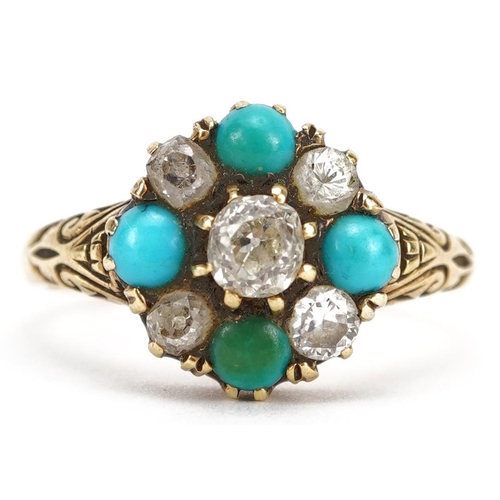 Antique 18ct gold diamond and turquoise two tier cluster ring with engraved shoulders, the largest diamond approximately 0.34 carat, size R, 5.1g