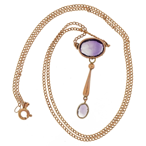2041 - 9ct rose gold amethyst drop necklace, the largest amethyst approximately 12.1mm x 9.5mm, 55cm in len... 