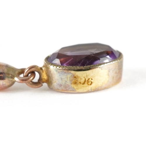 2041 - 9ct rose gold amethyst drop necklace, the largest amethyst approximately 12.1mm x 9.5mm, 55cm in len... 