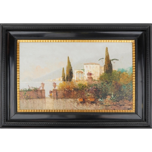 269 - Villas beside Lake Como, Italian Impressionist oil on canvas, indistinctly signed, housed in a corom... 