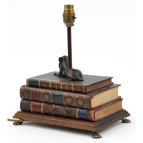 236 - 19th century style stack of books design table lamp with bronzed Sphynx, rectangular oak base on bra... 