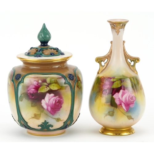 66 - Two Royal Worcester vases hand painted with roses including a pot pourri example with pierced lid, n... 