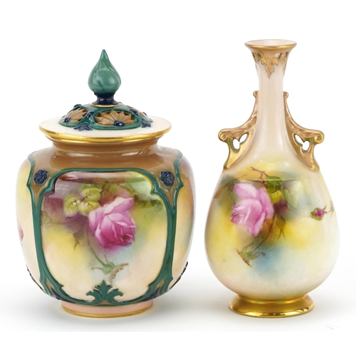 66 - Two Royal Worcester vases hand painted with roses including a pot pourri example with pierced lid, n... 