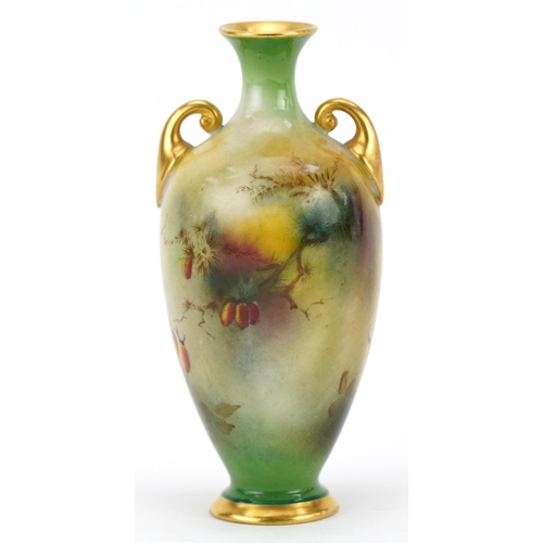 65 - Royal Worcester porcelain twin handled vase hand painted with a peacock, numbered 287, 11.5cm high