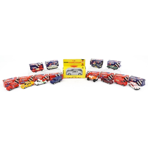 Twelve diecast model vehicles with boxes and a Maisto example