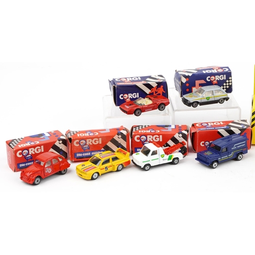 Twelve diecast model vehicles with boxes and a Maisto example