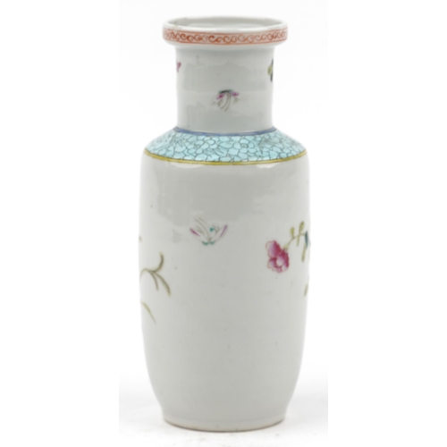 8 - Chinese porcelain Rouleau vase hand painted in the famille rose palette with flowers, 20.5cm high
