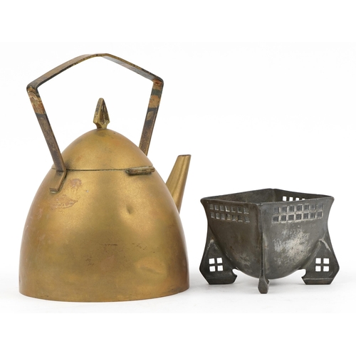 260 - WMF, German Secessionist brass teapot and Arts & Crafts pewter vase in the manner of Liberty & Co, t... 