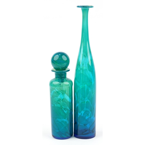 153 - Mdina blue mottled art glass comprising a scent bottle and a large bottle vase, the large bottle vas... 