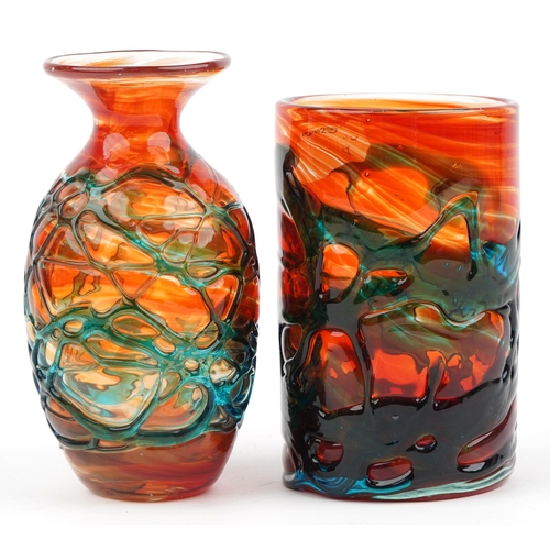 154 - Two Mdina red mottled art glass vases with blue trailing, one with remnants of paper label, the larg... 