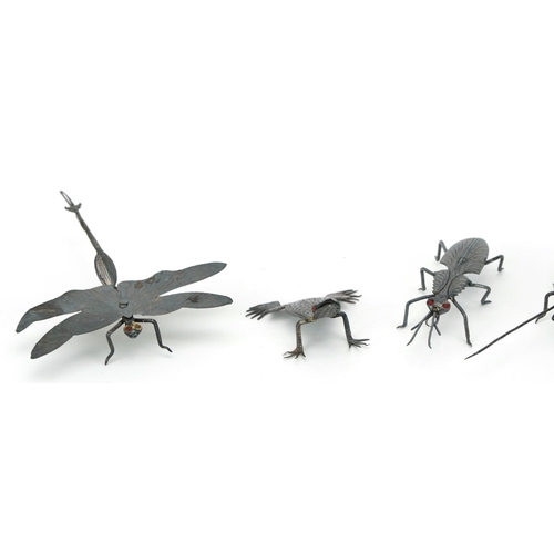 112 - Seven Chinese white metal insects including a dragonfly, the largest 8.5cm in length