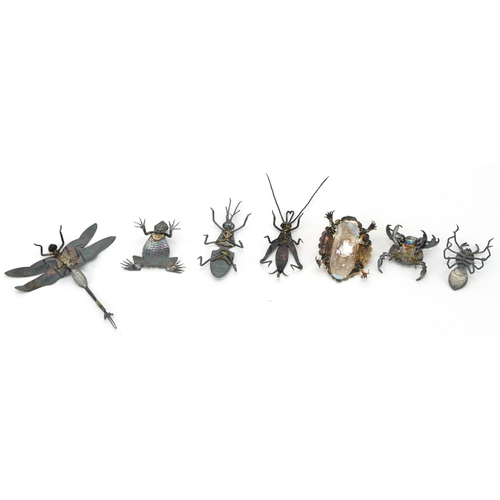 112 - Seven Chinese white metal insects including a dragonfly, the largest 8.5cm in length