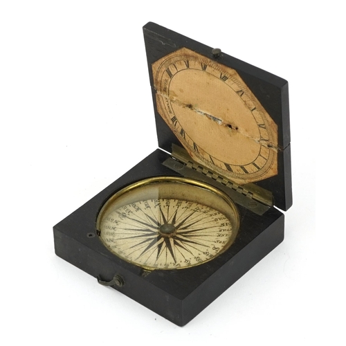 415 - Rowland of Bristol, early 19th century ebony cased travelling compass, 7cm x 7cm