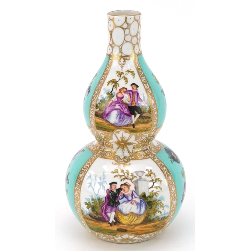 309 - In the manner of Meissen, German porcelain double gourd vase hand painted with panels of lovers and ... 