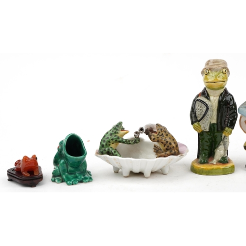 1369 - Novelty frog collectables including a Chinese agate carving on hardwood stand and continental shell ... 