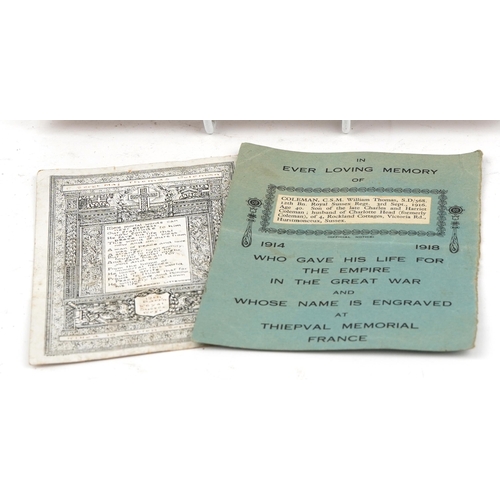 1728 - British military World War one death plaque with certificate awarded to Company Sergeant Major Thoma... 