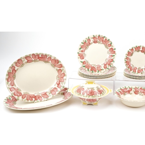 1082 - Royal Doulton Azalea dinnerware including lidded tureens and graduated set of three meat plates, the... 