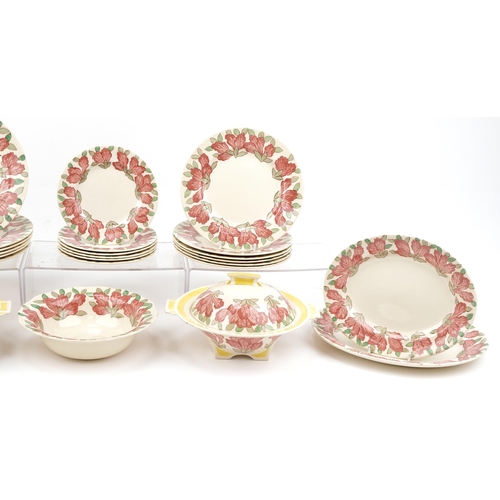 1082 - Royal Doulton Azalea dinnerware including lidded tureens and graduated set of three meat plates, the... 