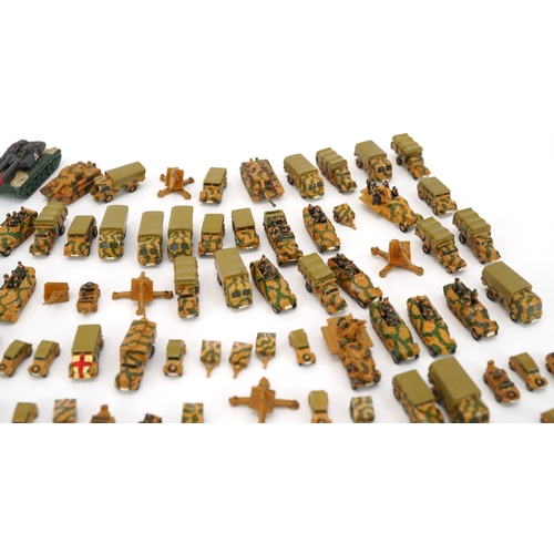 1547 - Collection of miniature hand painted diecast model railway army vehicles, the largest 3.5cm in lengt... 