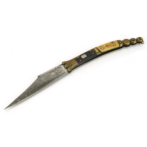 414 - Spanish brass navaja knife with horn mounts and steel blade impressed Batisse, 27cm in length when o... 