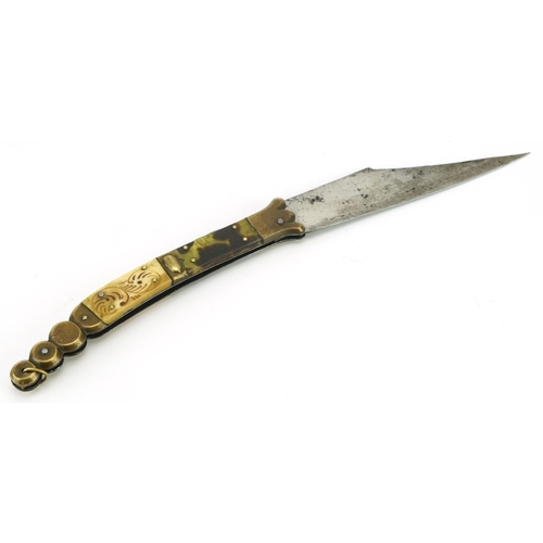 414 - Spanish brass navaja knife with horn mounts and steel blade impressed Batisse, 27cm in length when o... 