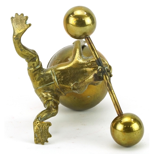 187 - 19th century novelty brass inkwell in the form of a frog with bell bar, 12cm wide