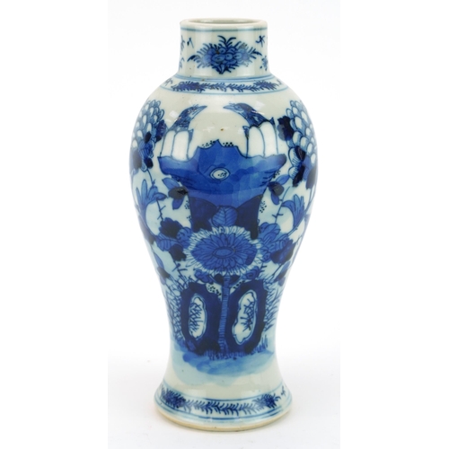 159 - Chinese blue and white porcelain baluster vase hand painted with flowers, blue ring marks to the bas... 