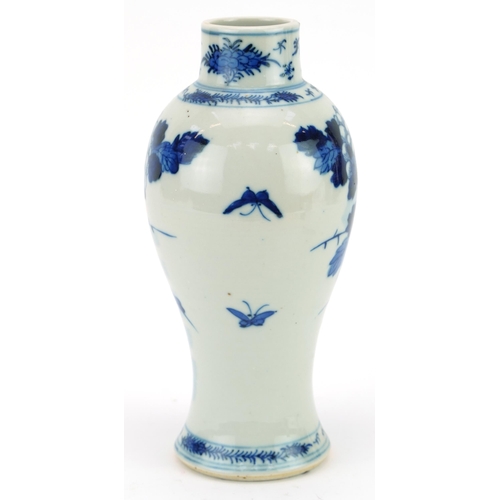 159 - Chinese blue and white porcelain baluster vase hand painted with flowers, blue ring marks to the bas... 