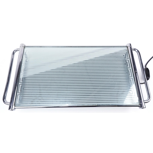 342 - Vintage chrome and glass heated tray by The English Electric Co Ltd, 11.5cm H x 76cm W x 39cm D