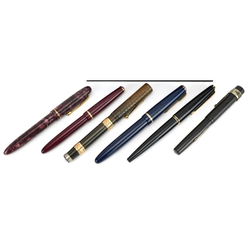 298 - Six vintage fountain pens including Watermans Ideal, Stephens red marbleised and Parker, three with ... 