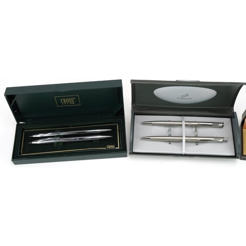 300 - Parker and Cross ballpoint and propelling pencil sets with boxes and a Sheaffer fountain pen with bo... 