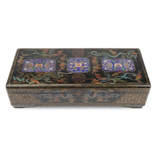 219 - Chinese black casket with three inset cloisonne panels enamelled with flowers and bats, the casket h... 