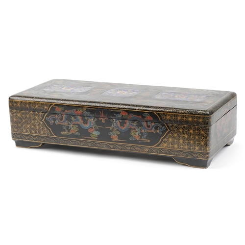 219 - Chinese black casket with three inset cloisonne panels enamelled with flowers and bats, the casket h... 