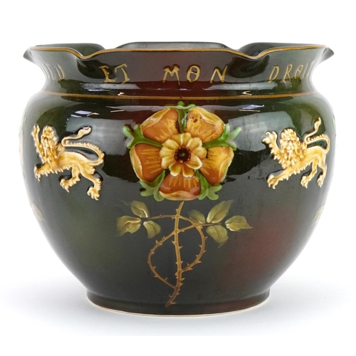 336 - Art Nouveau Albion pottery jardiniere hand painted with Britannia lions and Irish roses, registered ... 