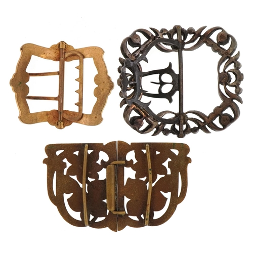 193 - Three antique and later buckles including Georgian style example set with paste and a two piece exam... 