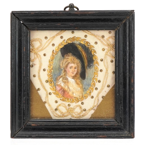 302 - Late 18th/early 19th century oval hand painted portrait miniature of a female wearing a bonnet onto ... 